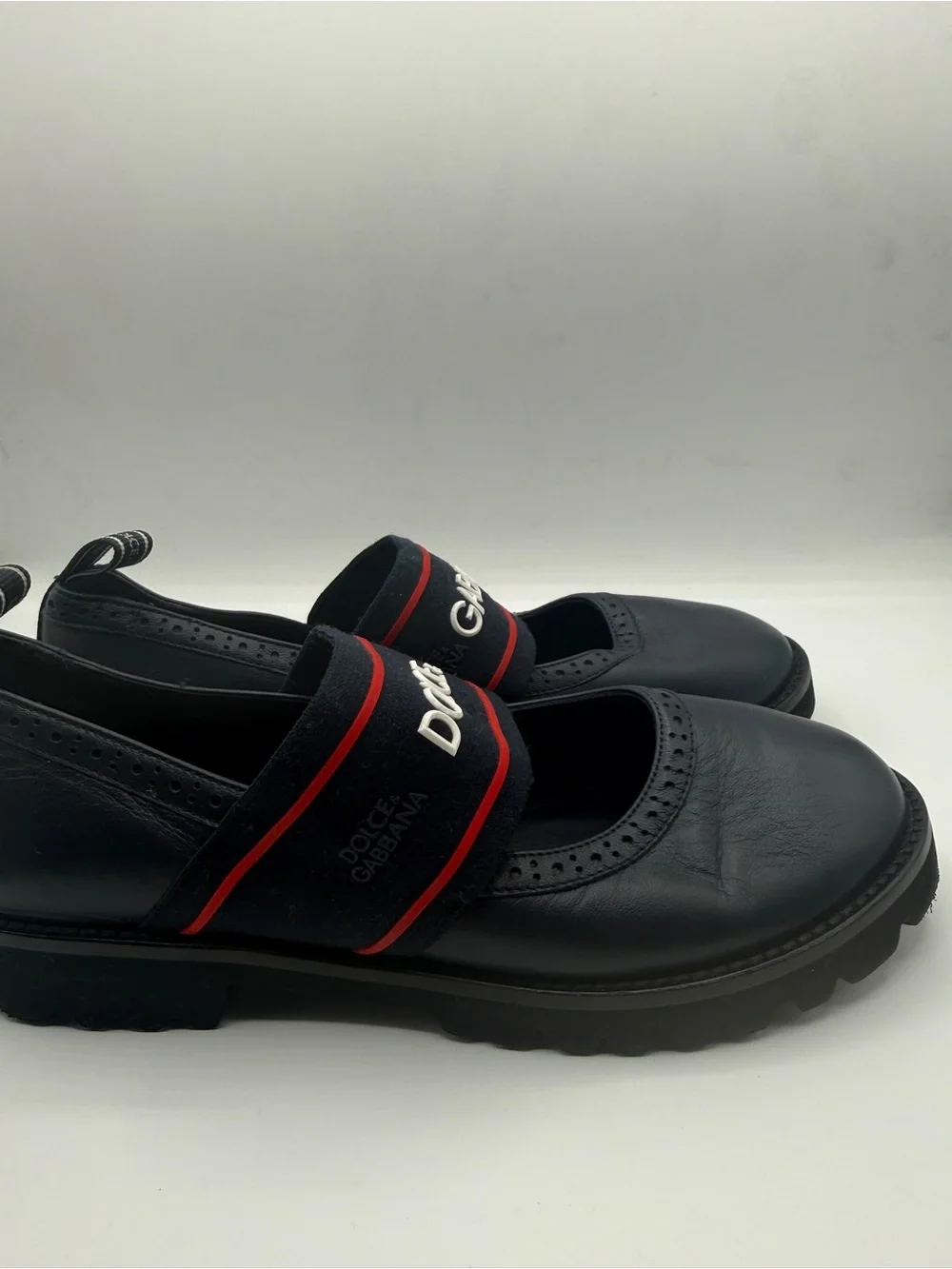 Dolce & Gabbana Navy Leather Kids Logo Strap Ballet Shoes